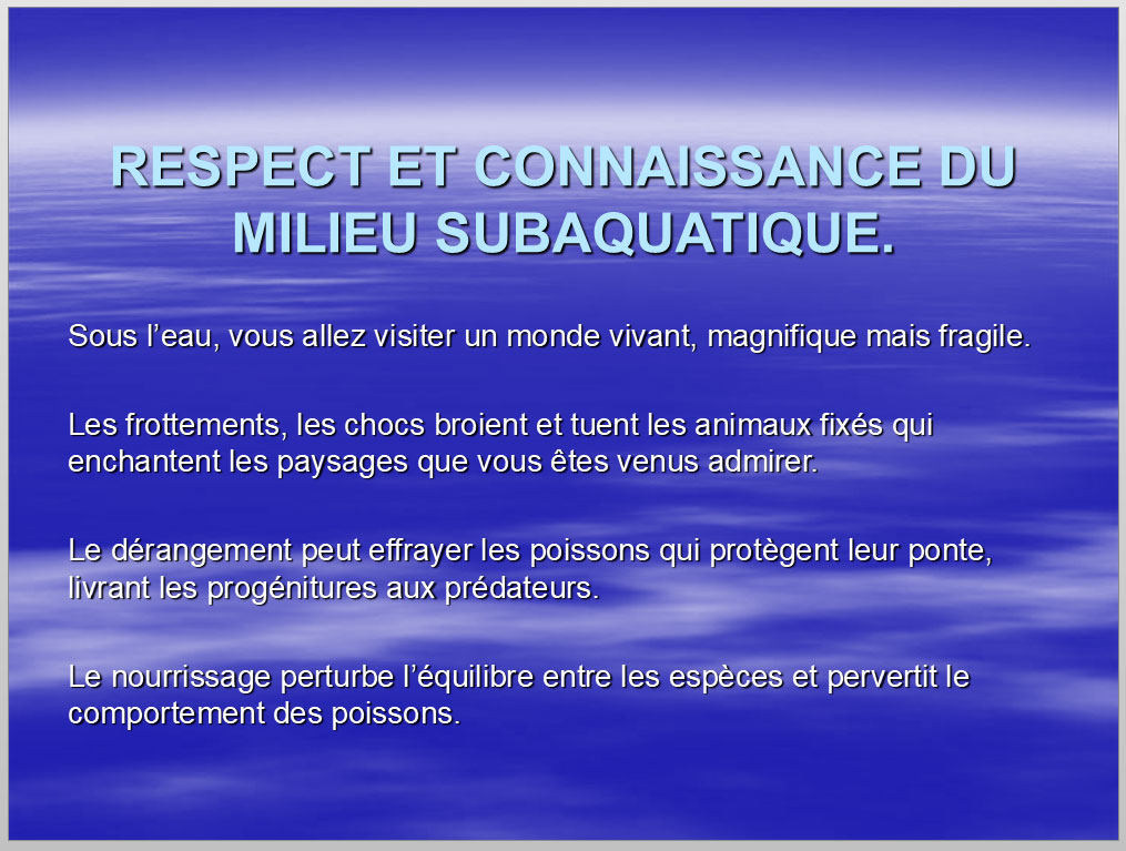 Respect et connaissance du milieu subaquatique.